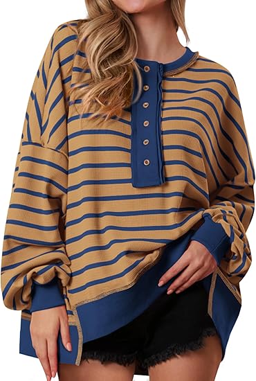 Womens Fall 2025 Striped Oversized Sweatshirt Long Sleeve Button Up Henley Neck Waffle Knit Pullover Tunic Tops