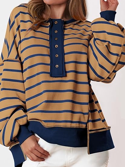 Womens Fall 2025 Striped Oversized Sweatshirt Long Sleeve Button Up Henley Neck Waffle Knit Pullover Tunic Tops