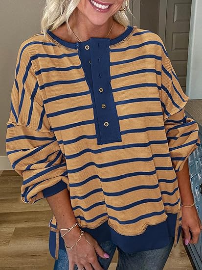Womens Fall 2025 Striped Oversized Sweatshirt Long Sleeve Button Up Henley Neck Waffle Knit Pullover Tunic Tops