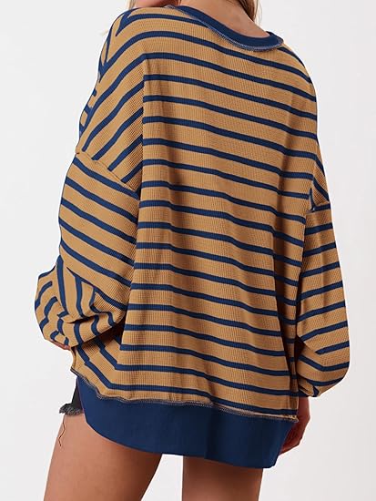 Womens Fall 2025 Striped Oversized Sweatshirt Long Sleeve Button Up Henley Neck Waffle Knit Pullover Tunic Tops