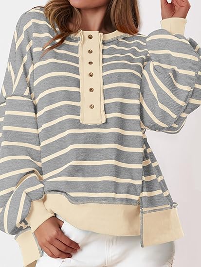 Womens Fall 2025 Striped Oversized Sweatshirt Long Sleeve Button Up Henley Neck Waffle Knit Pullover Tunic Tops