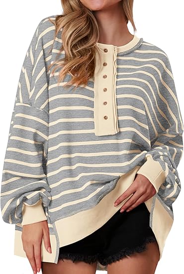 Womens Fall 2025 Striped Oversized Sweatshirt Long Sleeve Button Up Henley Neck Waffle Knit Pullover Tunic Tops