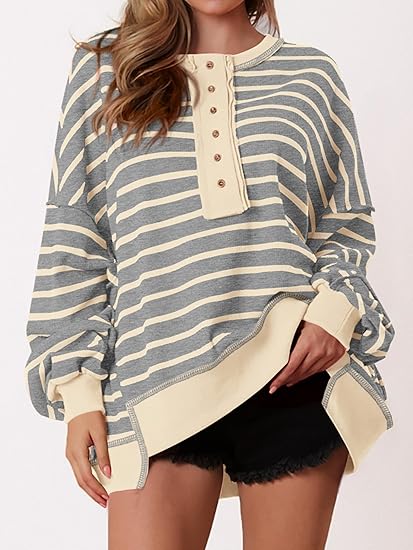 Womens Fall 2025 Striped Oversized Sweatshirt Long Sleeve Button Up Henley Neck Waffle Knit Pullover Tunic Tops