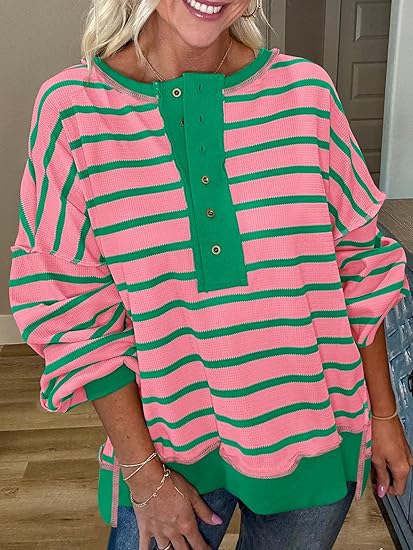 Womens Fall 2025 Striped Oversized Sweatshirt Long Sleeve Button Up Henley Neck Waffle Knit Pullover Tunic Tops