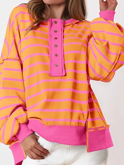 Womens Fall 2025 Striped Oversized Sweatshirt Long Sleeve Button Up Henley Neck Waffle Knit Pullover Tunic Tops