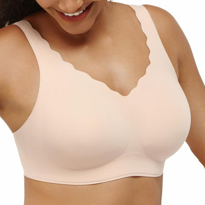 Women's Seamless Bras, No Underwire Scalloped Bras Soft V Neck Full Coverage Everyday Bra