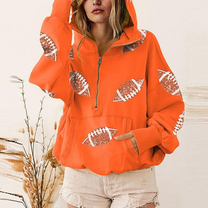 Game Day Sweatshirts Football Sequin Hoodies Tailgate Outfits Long Sleeve Zipper Sweaters with Pocket