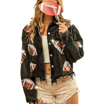 Women's Game Day Corduroy Sequin Football Cropped Jacket Rugby Oversized Lapel Button Down Shirt Shacket Coat