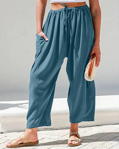 Womens Linen Wide Leg Pants Casual Loose Beach Palazzo Harem Pants with Pockets