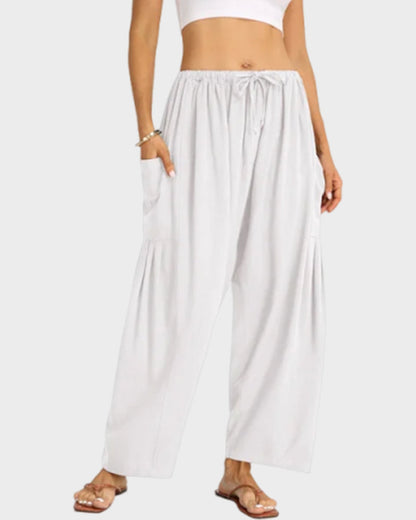 Womens Linen Wide Leg Pants Casual Loose Beach Palazzo Harem Pants with Pockets
