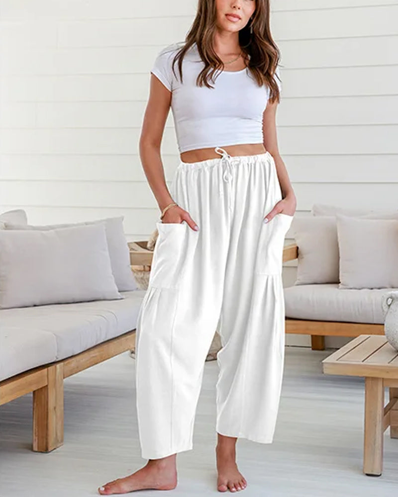 Womens Linen Wide Leg Pants Casual Loose Beach Palazzo Harem Pants with Pockets
