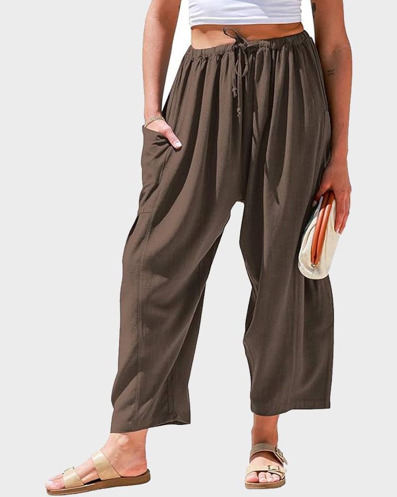 Womens Linen Wide Leg Pants Casual Loose Beach Palazzo Harem Pants with Pockets