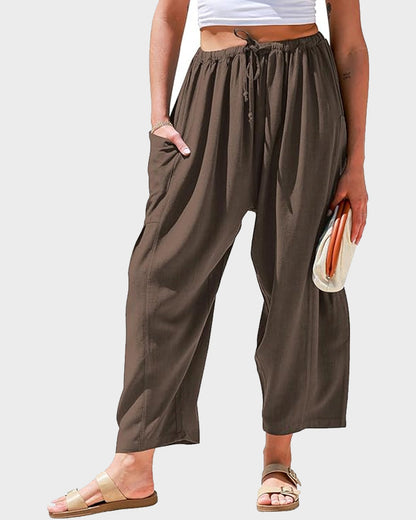 Womens Linen Wide Leg Pants Casual Loose Beach Palazzo Harem Pants with Pockets