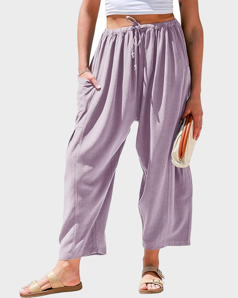 Womens Linen Wide Leg Pants Casual Loose Beach Palazzo Harem Pants with Pockets