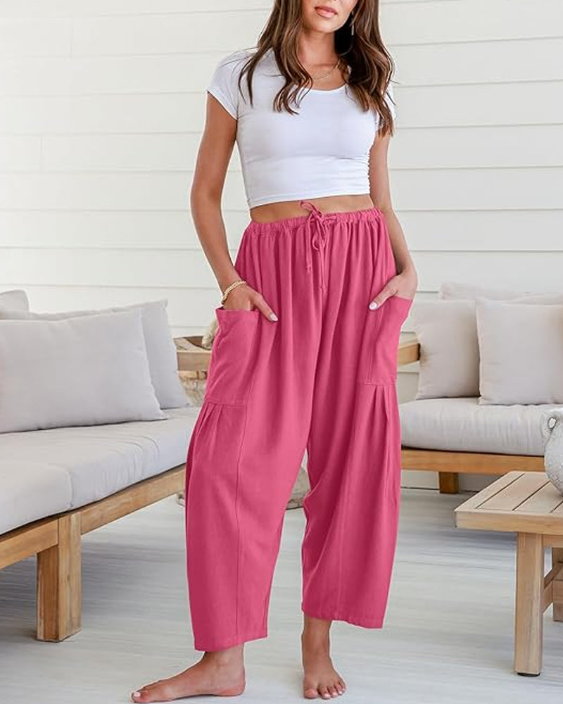 Womens Linen Wide Leg Pants Casual Loose Beach Palazzo Harem Pants with Pockets