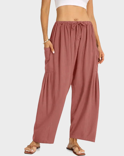 Womens Linen Wide Leg Pants Casual Loose Beach Palazzo Harem Pants with Pockets