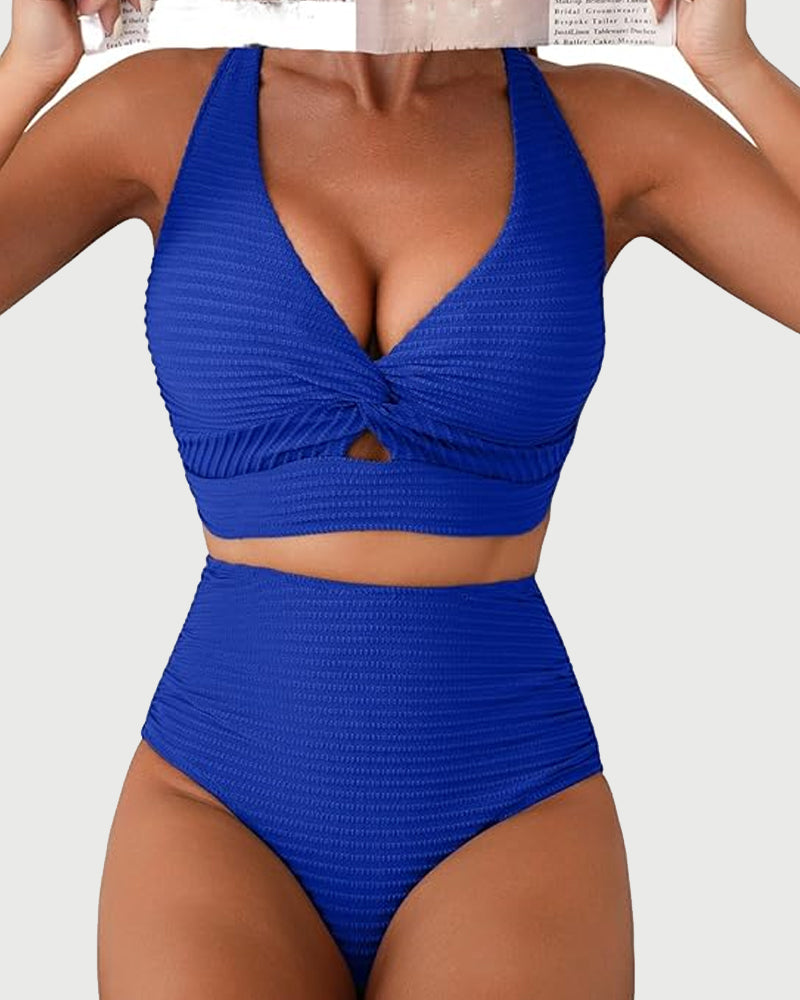 Textured Knot-Front High-Waisted Bikini Set